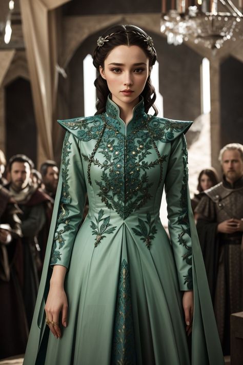 Game Of Thrones Fashion Inspiration, Royal Attire Princesses, Medieval Dress Princess Royals, Green Royal Dress, Princess Outfits Medieval, Medieval Fantasy Dress Princesses, Medieval Gowns Royals, Queen Outfits Royal Medieval, Fantasy Medieval Dress