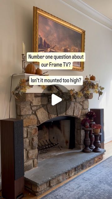 Andrea on Instagram: "Every single time I shared the frame tv-I got asked isn’t it mounted too high? In our prior home we had a pull out mount. Here we knew we needed a Mantle Mount but hadn’t gotten around to it (hello kitchen renovation) but a few weeks ago we finally put it up. We picked up the Mount @bestbuy and I couldn’t be happier! It’s super easy to use and it still leaves me room for my decor! Our mantle isn’t exactly small either at 14” deep! It’s the perfect solution so I can still have art above the mantle.   Frame TV is by @samsungus  The beautiful gold Frame is by @decotvframes" Tv In A Frame Mounted Tv, Above Tv Decor, Mantle Decor With Tv, The Mantle, Mounted Tv, Mantle Decor, Be Happier, Frame Tv, Framed Tv