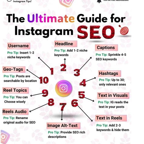 The Ultimate Guide for Instagram SEO detailing 10 steps to optimize Instagram for better visibility and engagement. Steps include using niche keywords in the username and headline, adding SEO keywords in captions and Reels, using relevant hashtags, providing SEO-rich image alt-text, renaming Reels audio for SEO, selecting Reel topics wisely, adding text to visuals, hiding keywords in Reels text, and using geo-tags to make posts searchable by location. Each step includes a pro tip for effectiv... Instagram Seo, Women Mindset, Entrepreneur Woman, Instagram Growth Tips, Marketing Motivation, Computer Work, Woman Power, Seo Keywords, Choose Wisely