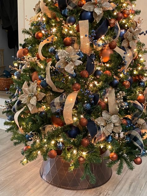 Blue And Rust Christmas Tree, Navy And Rust Christmas Decor, Blue Copper Christmas Tree, Blue Copper And Gold Christmas Tree, Christmas Tree Blue And Brown, Navy And Orange Christmas Tree, Navy And Rust Christmas Tree, Navy Blue And Copper Christmas Tree, Teal Tree Christmas