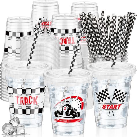 PRICES MAY VARY. Complete Set: this package comes with 50 sets of clear plastic checkered racing cups in 2 style with 50 lids, 50 paper straws and 1 pack of 50 leakproof paper for mess free fun; The generous quantity caters for your large events and gets rid of the hassle of buying supplies separately Versatile Black and White Checkered Design: our clear plastic cups with lids and straws exhibit a trendy black and white checkered and race car design, radiating classic yet bold sophistication; Th Race Car Birthday Desert Table, Race Car Themed Party Kid Table, Vintage Race Car Party Target, Hot Wheels Themed Birthday Party Target, Race Car Birthday Party Ideas For Adults, Mclaren Birthday Party, Race Car Table Decorations, 3rd Birthday Race Car Theme, First Birthday Boy Race Car Theme