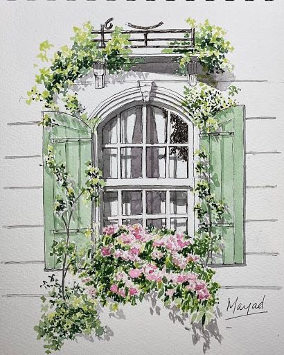 Croquis Architecture, Window Sketch, Earring Business, Window Illustration, Ear Tattoo Ideas, Box Flowers, Window Drawing, Ink And Watercolour, Lighthouse Painting