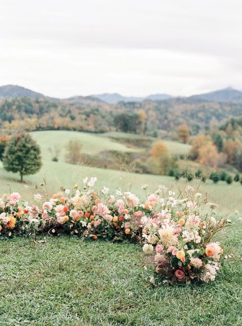 Organic Floral Ceremony Display in Asheville, NC | Lairsey Paper Co. | Semi-Custom Wedding Invitations Neutral Fall Wedding, Alter Flowers, Rainy Fall, Wedding In The Mountains, Wedding Alters, Altar Flowers, Flower Shapes, Wedding Altars, Calligraphy Wedding Invitation