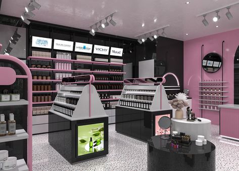 Cosmetics Store on Behance Small Cosmetic Shop Interior Design, Makeup Store Design, Makeup Display Ideas, Cosmetic Stores, Store Fixtures Design, Lingerie Store Design, Sun Makeup, Cosmetics Store, Retail Interior Design