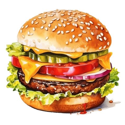 burger fast food watercolor hamburger burger watercolor png Food Truck Burger Ideas, Watercolour Food Art, Hamburger Watercolor, Hamburger Painting, Burger Watercolor, Burger Sketch, Burger Painting, Burger Clipart, Burger Drawing