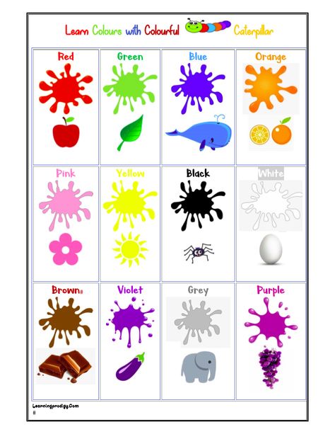 Learn colours with our interesting and colourful colours chart Colour Chart For Preschool Classroom, Colours Names Charts For Kids, Colours In Hindi, Colours Name For Kids, Color Activities Kindergarten, Christmas Worksheets Kindergarten, Colours Name, Picture Story For Kids, Alphabet Chart Printable