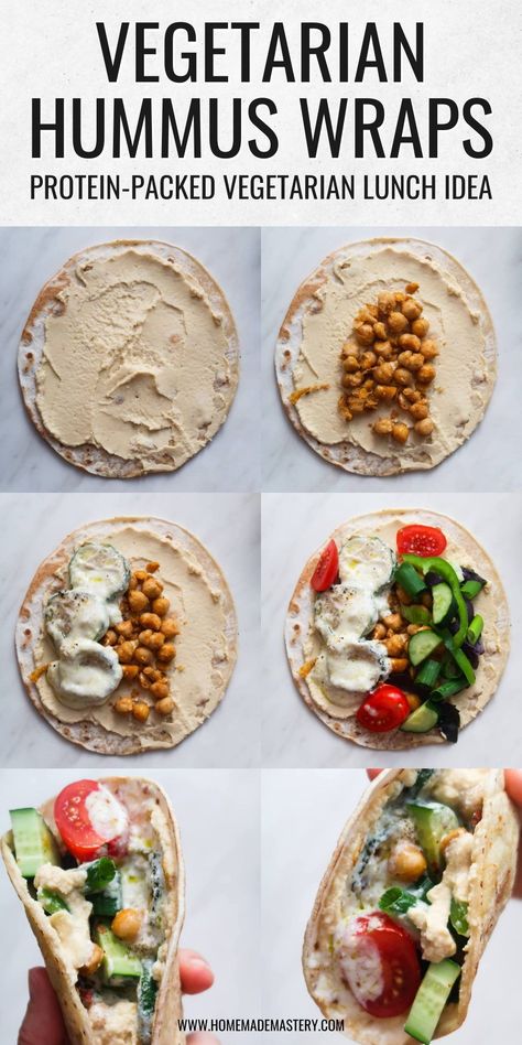 Wraps Healthy Lunch, Hummus Wraps, Fedtforbrændende Mad, Hummus Wrap, Vegetarian Lunch, Tasty Vegetarian Recipes, Think Food, Lunch Meal Prep, Lost 100 Pounds