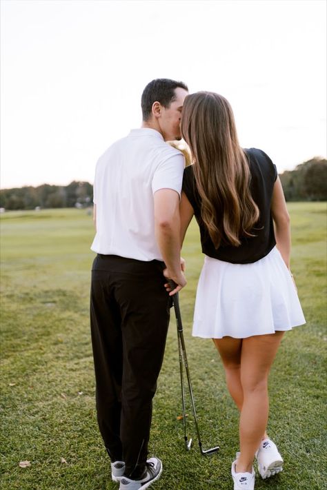 sporty golf course engagement session photoshoot with Becca and Alex during golden hour in Marblehead, MA Golf Engagement Photos, Prenup Theme, Surprise Engagement Photos, Couples Golfing, Golf Course Wedding Photos, Golf Joggers, Themed Engagement Photos, Golf Wedding, Golf Pictures