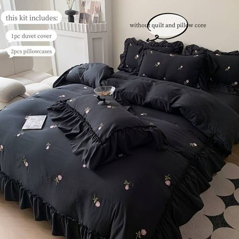 Polyester Duvet Cover Set (1*duvet Cover + 2*pillowcase - Temu United Kingdom Bed Comforter Sets Aesthetic, Black Pink Room, Coquette Bedroom Decor, Black And Pink Room, Coquette Roses, Light Academia Room, Romantic Bedding, Coquette Bedroom, Pastel Aesthetic Room