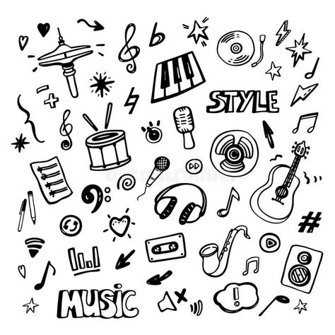 Illustration about Music doodles. Hand drawn musical icons. Set of vector music symbols. Illustration of cartoon, icon, background - 175652785 Music Doodles, Graffiti Workshop, Music Notes Drawing, Music Sketch, Music Doodle, Symbol Drawing, Music Cartoon, Note Doodles, Art Sketches Doodles