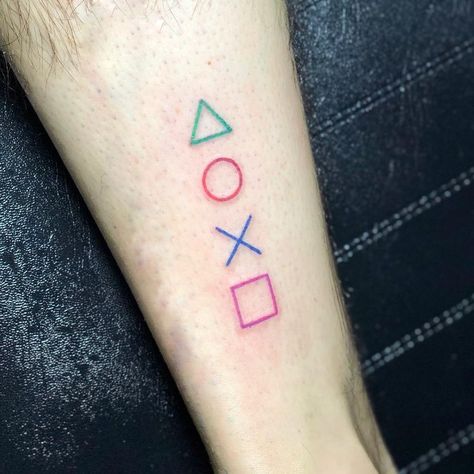 Tattoo Ideas Gamer, Simple Gaming Tattoo, Minimalist Gaming Tattoo, Simple Video Game Tattoos, Playstation Tattoo Ideas, Gamer Tattoos Small, Ps4 Tattoo, Playstation Symbol, Undertale Tattoo