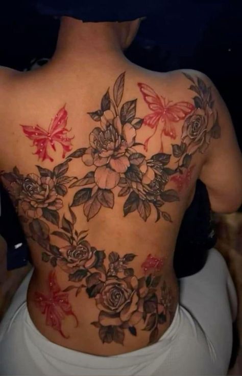 Hip And Leg Tattoos Women, Women Big Back Tattoos, Woman’s Full Back Tattoo Ideas, Flower Tattoo On Chest Female, Full Back Sleeve Tattoo Women, Back Tattoo Connected To Thigh, Lilies Back Tattoo, Full Back Butterfly Tattoo, Back Tattoos For Women Flowers