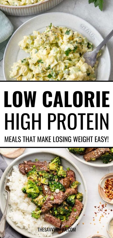 Low-calorie, high-protein meals featuring a creamy egg salad and a beef and broccoli stir fry with rice. These healthy recipes make losing weight simple and satisfying. High Protein 2000 Calorie Diet, Low Calorie High Protein Meals Easy, Healthy Low Cal Dinner Recipes, High Protein High Fat Meals, Low Calorie High Volume Breakfast, Low Calorie High Protein Pasta, Low Calorie Lunch Prep, High Protein Low Carb Recipes Easy, Healthy Dinner Recipes Low Calorie