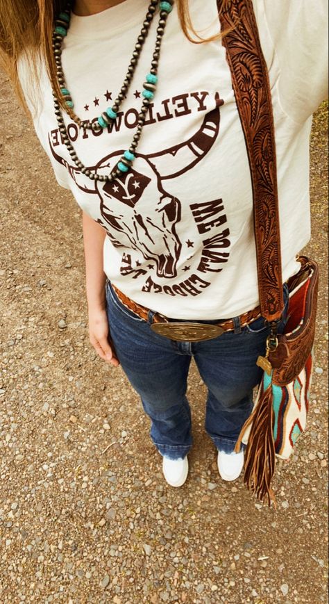 Yellowstone Attire, Western Closet, Country Fits, Turquoise Shirt, Western Stuff, Western Bag, Country Aesthetic, Square Toe Western Boots, Mountain Outfit