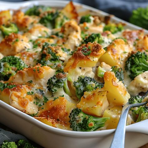 Baked Potato Chicken and Broccoli Casserole - Grammy Recipes Cheesy Chicken Potato Bake, Jalapeño Popper Chicken Bake With Broccoli, Chicken Broccoli Potato Sheet Pan, Healthy Chicken Casserole Clean Eating, Chicken And Potato Meal Prep, Chicken Potato Broccoli Bake, Baked Potato Chicken Broccoli Casserole, Chicken And Potatoes Casserole Recipes, Baked Potato Chicken And Broccoli Casserole