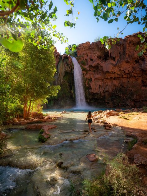 Hiking the Havasupai Trail to Havasu Falls in Arizona: How to Get Permits? — noahawaii Havasupai Falls Arizona, Havasu Falls Arizona, Hikes In Arizona, Havasupai Falls, Beaver Falls, Havasu Falls, Arizona Hiking, Ultimate Bucket List, Woman Walking