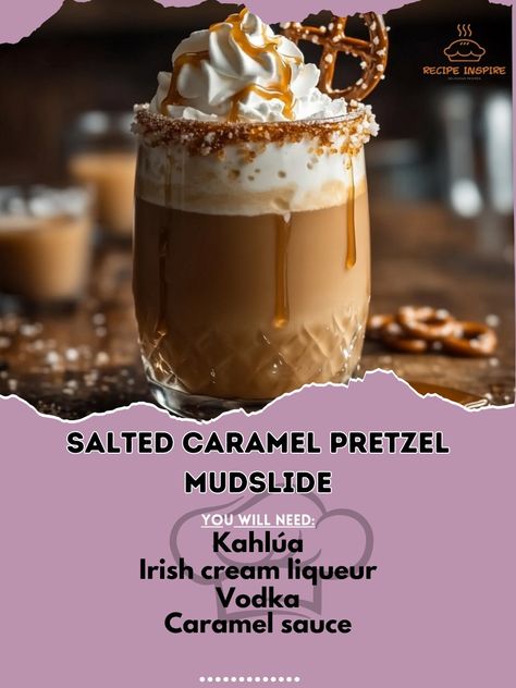 🥨 "Indulge in a sweet and salty delight with this Salted Caramel Pretzel Mudslide—perfect for your next treat!" 🍫🥤 #SweetAndSalty #MudslideMagic Salted Caramel Pretzel Mudslide Ingredients: Vodka (1 oz) Kahlúa (1 oz) Irish cream liqueur (1 oz) Caramel sauce (2 tbsp) Pretzels (crushed, for rim) Ice cubes (1 cup) Whipped cream (for garnish) Caramel drizzle (for garnish) Instructions: Rim a glass with caramel sauce and dip it into crushed pretzels. In a blender, combine vodka, Kahlúa, Irish ... Salted Caramel Vodka, Bartender Drinks Recipes, Salted Caramel Pretzels, Salted Carmel, Caramel Vodka, Bartender Drinks, Perfect Dinner Party, Cocktail Party Food, Caramel Pretzels