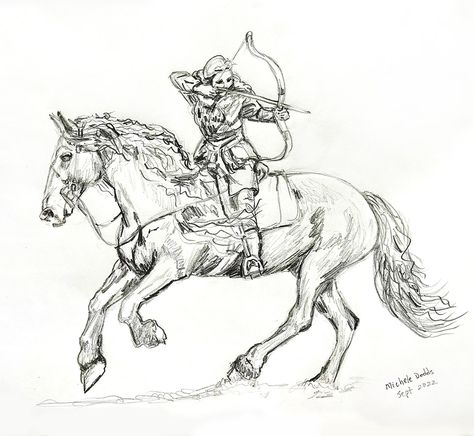 Pencil drawing of a horse and a woman archer. Horse Archer Art, Warrior On Horse Drawing, Ride Horse Drawing, Horse Rearing With Rider Drawing, Horse Rearing Drawing, Person Riding Horse Drawing Reference, Horse And Rider Drawing, Archer On Horse, Horse Riding Drawing