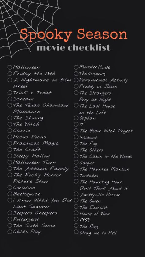 #spooky #spookyseason #halloween #fall #autumn #movie #checklist Classic Slasher Movies List, Scary Movie Checklist, Spooky Season Calendar, 30 Day Halloween Movie Challenge, Fall Movie Checklist, Slasher Movies List, Fun Halloween Activities For Adults, Movie Night Checklist, Horror Movie Checklist