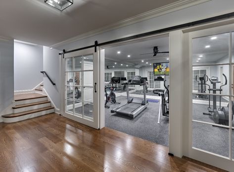 Basement Gym Glass Door, Basement Hallway Ideas, Basement Workout Room, Gym Door, Ruang Gym, Home Gym Basement, Dream Home Gym, Dream Basement, Workout Room Home