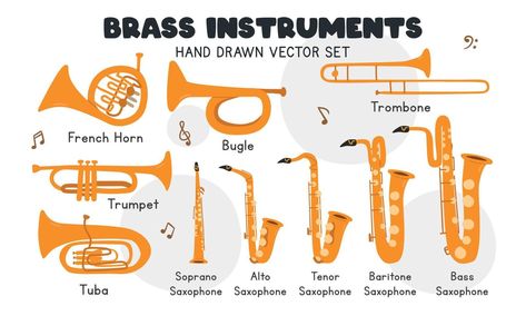 Brass Instruments Drawing, Instrument Clipart, Cartoon Crafts, Musical Instruments Clipart, Orchestra Instruments, Brass Musical Instruments, Musical Instruments Drawing, Brass Music, Wind Instruments