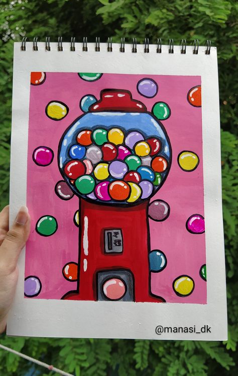 Acrylic Painting of Candy Machine. Follow For More Such Colourfull Pins😉. #candy #painting #acrylic #art #chocolate #colorfull Gum Ball Machine Painting, Candyland Painting Ideas, Candy Aesthetic Drawing, Candy Painting Easy, Candy Drawing Aesthetic, Sweet Drawings Candy, Candyland Painting, Candy Land Painting, Candy Art Projects