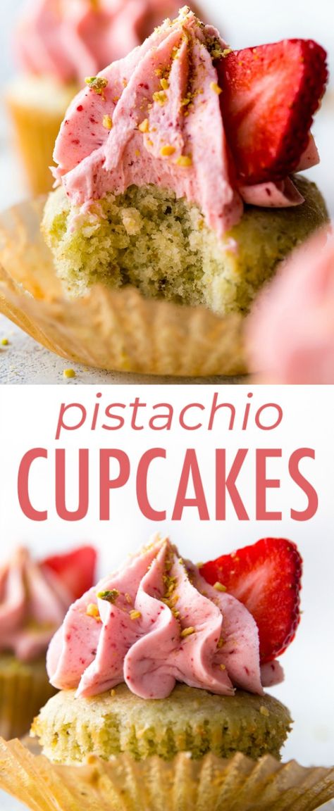 Pistachio Cupcakes, Almond Cupcakes, Fluffy Cupcakes, Frosting Chocolate, Pistachio Recipes, Strawberry Frosting, Pistachio Cake, Bake Cheesecake, Strawberry Cupcakes