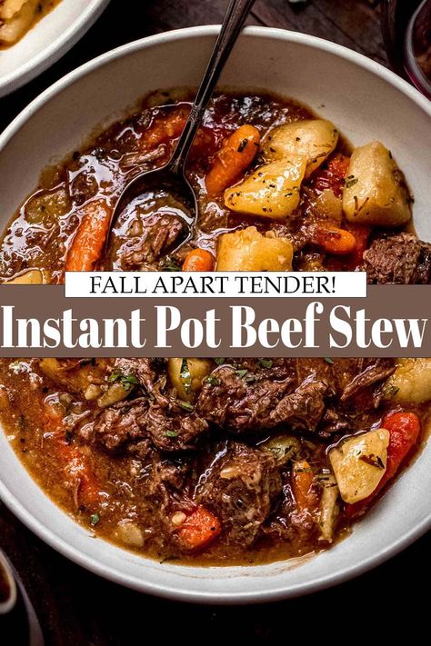 Instant Pot Beef Stew is the perfect cozy meal for chilly days! Tender chunks of beef, potatoes + carrots cook together in a flavorful sauce. // recipe // easy // with red wine // frozen meat // meat recipes Instapot Beef Stew, Instant Pot Stew Recipe, Pressure Cooker Stew, Instant Pot Beef Stew Recipe, Pressure Cooker Beef Stew, Beef Stew Meat Recipes, Instant Pot Stew, Easy Beef Stew Recipe, Instant Pot Beef Stew