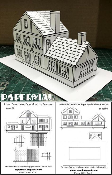 PAPERMAU: Hand Drawn House Papercraft - by Papermau - Download Now! Diy Paper House Templates, Paper Building Template, Paper Houses Diy, Paper House Template Printables Free, Cardboard House Template, Miniature Houses Diy Cardboard, Printable House Template, 3d Paper House Template, Paper House Craft