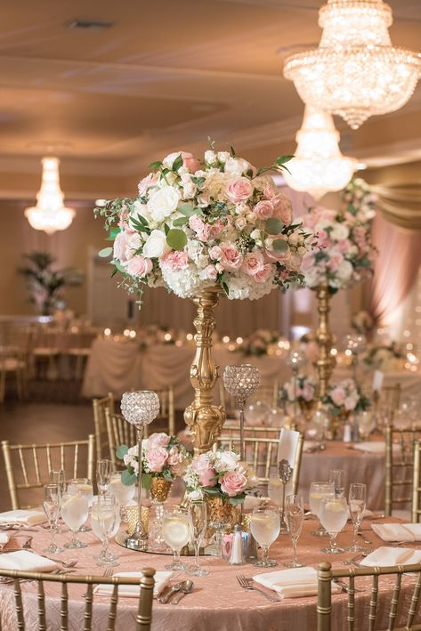 7 Champagne Color Centerpiece Ideas, Pink And Gold Debut Theme, Pink And Gold Theme Quinceanera, Pink And Gold Quince Centerpieces, Pink Royalty Quinceanera Theme, Pink Gold Quinceanera Decorations, Champagne And Blush Quinceanera Theme, Quince Floral Centerpieces, Pink And Brown Decorations