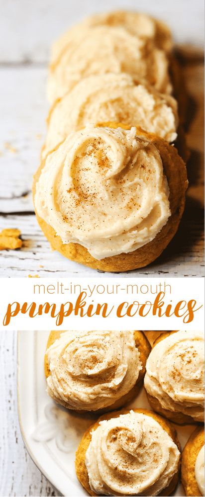 Melt-in-Your-Mouth Pumpkin Cookies - This is by far my most popular recipe and readers agree that these are THE best frosted pumpkin cookies on Pinterest! Soft Desserts After Dental Surgery, Frosted Pumpkin Cookies, Cookies Frosting, Soft Pumpkin Cookies, Weight Watcher Desserts, Pumpkin Cookie Recipe, Soft Cookies, Low Carb Dessert, Red Velvet Cupcakes