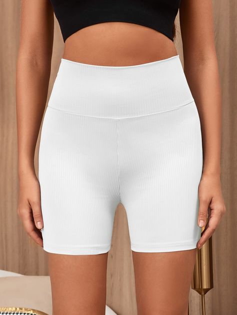 White Sporty   Polyester Plain Biker Shorts Embellished High Stretch Spring/Summer/Fall Women Bottoms Lace Biker Shorts, White Biker Shorts, Shein Shorts, Friday Outfit, Black Biker Shorts, Women Bottoms, Outfit Plan, Women Leggings, Cycling Shorts