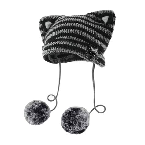 PRICES MAY VARY. 100% Polyester Imported Pull-On closure Hand Wash Only [ Y2K Beanie Hat ] - Cute cat ear on the top, slouchy crochet beanie, with striped graphic and pom poms, making it soooo coolll! A must have for fashion girls! [ Feature ] - Casual winter warm beanie hat, and comfortable to wear. Easy for carry-on while outing. Touches soft, comfortable, great to show your way and be the one stylish. [ Numeric Size ] - Loosen design in one size, range from 7- 7 1/8, widely fit for women and Y2k Beanie, Emo Accessories, Harajuku Clothes, Cat Eared Beanie, Cat Ears Hat, Alt Clothes, Cat Beanie, Crochet Hat For Women, Y2k Accessories