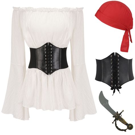 PRICES MAY VARY. PACKAGE INCLUDES: Adult Standard Size Halloween Pirate Costume Women - White Pirate Dress Shirt, Pirate Corset, Pirate Sword, Pirate Head Scarf. VALUE COSTUME: Complete Your Halloween Pirate Look with This Pirate Outfit Dress Up On Pirate Night for Your Cruise! OCCASIONS: This Poodle Skirt Costume is Excellent for Halloween Pirate Night, Renaissance Festival, Pirate Festival, Themed Birthday Parties, Pirate Costume. PREMIUM MATERIAL: Not Factory-Made Costume Material , It is Ver Women Pirate Costume, Women Pirate, Pirate Dress, Female Pirate Costume, Pirate Halloween Costumes, Elegante Y Chic, Witch Dress, Color Block Blouse, Dress Corset