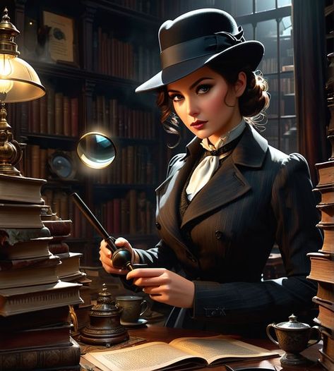 Illustrated female detective poised with magnifying glass in... by Christine Rooms - Playground Female Detective Aesthetic, Female Detective Art, Aesthetic Detective, Detective Woman, Detective Oc, Occult Detective, Pulp Detective, Noir Detective, Horror Aesthetic