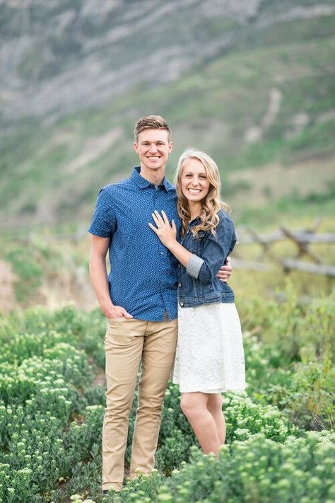 A couple standing in the mountains of beauitful Utah in a stunning summer engagement session. Simple couple pose inspiration Utah photographer Clarity Lane outdoor engagement session inspiration summer engagement session location couple attire inspiration ideas and goals  #engagements #Utahphotographer #outdoor #couplegoals #ClarityLane #casualattire #professionalhairandmakeup #summer #couplepose #engagementinspiration Simple Photo Poses For Couples, Standing Pose For Couple, Standing Poses For Couples, Simple Couples Poses, Anniversary Couple Poses, Simple Couple Photos, Couple Simple Poses, Simple Couple Photoshoot, Standing Couple Poses