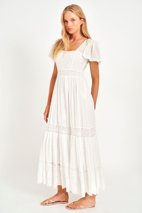 White Bohemian Dress With Square Neck, Spring Cottagecore Maxi Dress With Lace Trim, Cotton Wedding Dress, White Cottagecore Prairie Dress With Square Neck, White Lace Trim Sundress Maxi Dress, White Prairie Dress With Ruffles In Cottagecore Style, Gorgeous Summer Dresses, White Floral Midi Dress, Spring Wedding Dress