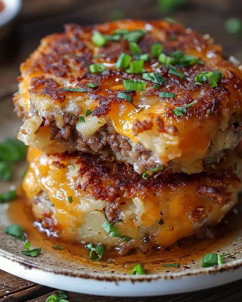 Cheesy Beef Stuffed Potato Cakes - Recipes, Tasks & Tools Cheesy Stuffed Potato Cakes, Ground Beef And Mashed Potatoes Recipes, Ground Beef Unique Recipes, Burger And Potatoes, Potato Hamburger Recipes, Cheesy Beef Stuffed Potato Cakes, Unique Beef Recipes, Cheese Stuffed Potato Cakes, Grated Potato Recipes