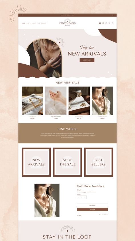 Shopify Theme Template Luxury Design + Free Website Setup Jewellery Website Designs, Ecommerce Website Header Design, Autumn Website Design, Aesthetic Shopify Website, Website Design Ideas Business, Online Shopping Sites Design, Retail Website Design Inspiration, Jewelry Site Design, Shopify Dawn Theme Design