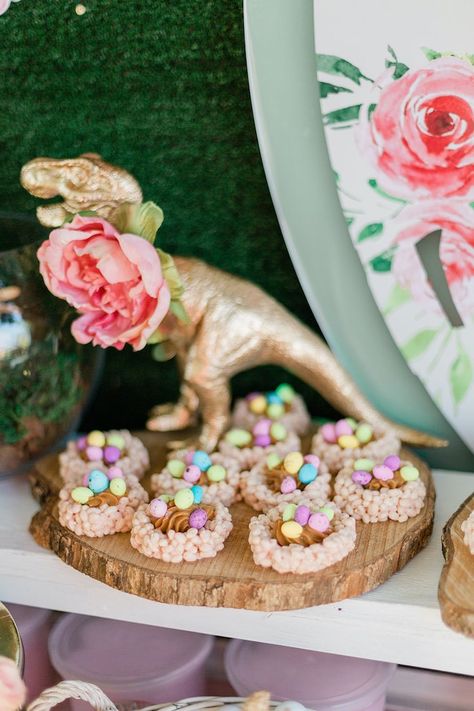 Pink And Green Dinosaur Party, Girl Dinosaur Birthday Party Food, Dino Tea Party, Girl Three Rex Birthday Party, Girl Dinosaur Birthday Party Decorations, Girl Dinosaur Baby Shower Ideas, Girl Dinosaur Party Ideas, Three Rex Birthday Party Girl, Gold Dinosaur Party