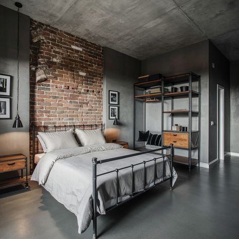 Industrial chic interiors with a cozy twist! What do you think of exposed brick walls? 🏙️💖 #interiordesign #industrialdesign #design #industrialstyle Industrial Interior Design Bedroom, Exposed Brick Accent Wall, Nyc Bedroom, Industrial Chic Interior, Industrial Interior Design, Exposed Brick Walls, Brick Walls, Design Bedroom, Exposed Brick