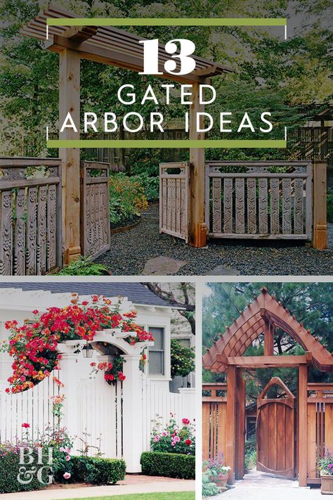 While an arbor is often a beautiful entryway to your garden or yard, adding a gate can be the perfect finishing touch. #gates #gardenideas #landscapingideas #backyardideas #bhg Garden Arbor With Gate, Garden Gate Decor, Cheap Fence Ideas, Entrance Ideas Entryway, Trellis Gate, Diy Gate, Wooden Fence Gate, Wood Fence Gates, Wooden Garden Gate