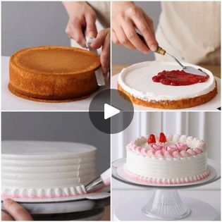 This yummy cake with strawberries is looking fantastic! | This yummy cake with strawberries is looking fantastic! | By MetDaan Cakes | Hey hey cake lovers. This
strawberries jelly and crackled pink roses on butter cake will
blow your mind. Starting off with a layer of
sponge applying syrup and white cream all over it. Now adding a good amount of
that cream and start piping it all over the edges. And it's
jam time. Who else loves strawberries jam? Applying a
little bit of that cream in the middle and put the other layer
of the sponge on top. Repeating the same process as
we used in the first layer. The combination of these
ingredients will definitely make it the yummiest cake ever.
Adding another layer of that sponge on top. And let's cover
up the edges with that cream. Applying it all over Metdaan Cakes, Cake With Strawberries, Strawberry Jelly, Strawberry Cakes, Cake Lover, Butter Cake, Strawberry Jam, Love Cake, Blow Your Mind