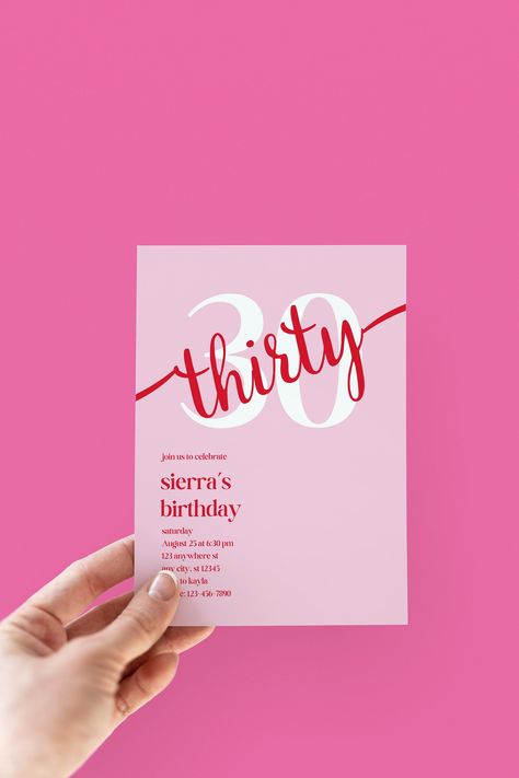 Celebrate her milestone with our customizable editable 30th birthday invitation for her, featuring a modern pink design. This invitation template is perfect for the minimal woman's 30th birthday bash, adorned with stylish pink and red accents. 𝑵𝑶𝑻𝑬: 𝑨𝒍𝒍 𝒕𝒆𝒙𝒕 𝒊𝒔 𝒆𝒅𝒊𝒕𝒂𝒃𝒍𝒆. 🎉 𝑯𝑶𝑾 𝑫𝑶𝑬𝑺 𝑰𝑻 𝑾𝑶𝑹𝑲? 🎉 Once purchased, you will receive a link to a PDF, which will include your 5x7" template and instructions for printing and customizing in Canva.  Canva is a free (and easy Red And Pink 30th Birthday, 27th Birthday Invitations, Pink And Red Invitations, 30 Birthday Invitations Women, 30th Birthday Invitations For Women, Birthday Invitation Template Free Editable, Pink 30th Birthday Party, 30 Birthday Invitation, 30th Invitation