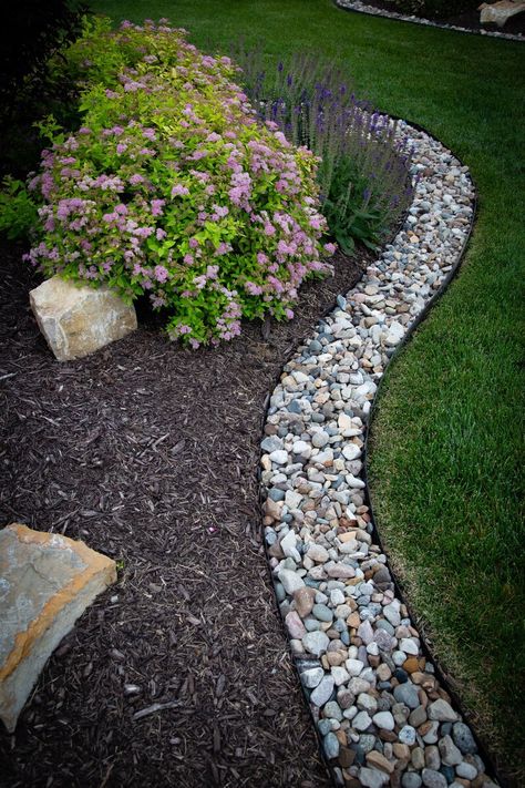 Our Work Page River Rock And Mulch Landscaping Bed Designs, Mulch And Gravel Landscaping, Rock Boarder Landscaping Garden Edging, Rock Landscape Border, Rock Landscape Edging, Rock Borders Edging, Mulch And Rock Landscaping Ideas, River Rock And Mulch Landscaping, Rock Landscaping Ideas Front Yard