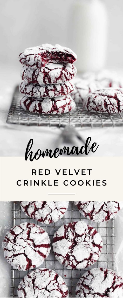 Homemade Red Velvet Cookies, Red Crinkle Cookies, Red Velvet Crinkles, Red Velvet Crinkle Cookies, Red Velvet Desserts, Crinkle Cookies Recipe, Broma Bakery, Cookies From Scratch, Red Velvet Cookies