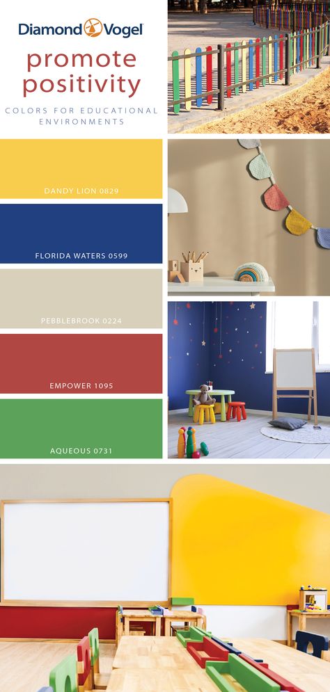 With vacation season ending, and back to school around the corner, this month’s palette explores colors for educational environments. Focusing on preschool and elementary school spaces, a palette of primary and secondary colors is our choice. Primary Color Scheme Interior Design, School Color Palette Colour Schemes, Classroom Colour Scheme, Preschool Classroom Color Scheme Ideas, Education Logo Color Palette, Primary Colors Color Palette, Elementary School Color Palette, School Colour Palette, Preschool Color Palette