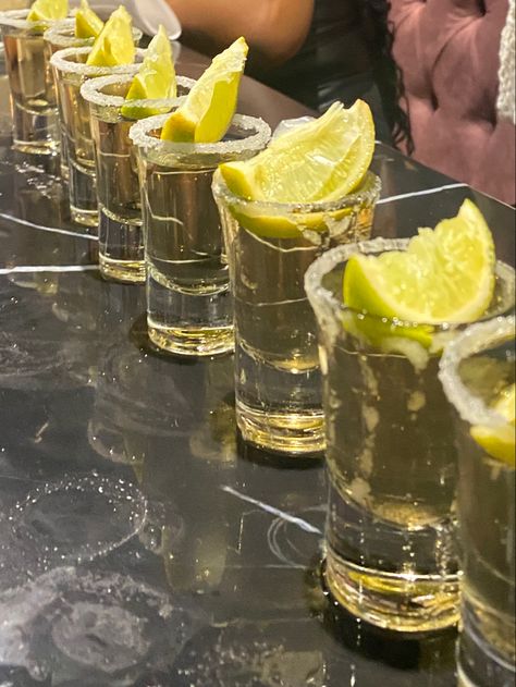 pretty drinks lined up. salt on the rims of tequila shots with a segments of lime on the top Tequila Girl Aesthetic, Tequila Cocktails Aesthetic, Tequila Drinks Aesthetic, Tequila Shots Aesthetic, Alcohol Bar, Ugly Cry, Tequila Shots, April Birthday, Tequila Sunrise