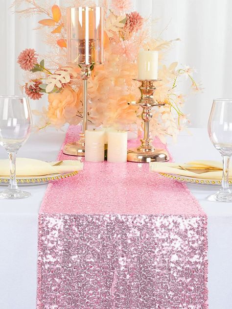 Pink Christmas Table, Pink Table Decorations, Pink Thanksgiving, Decoration For Party, Sequin Table Runner, Sequin Table, Graduation 2024, Pink Glam, Glam Party