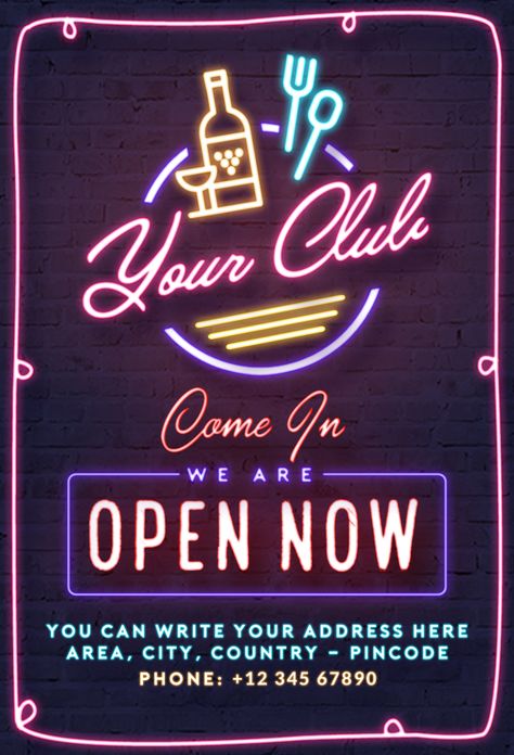 Club open now neon poster design Template Open Now Poster, Club Promotion Ideas, Neon Poster Design, Poster Promotion, Neon Poster, Future Poster, Posters Uk, Poster Club, Nightclub Design